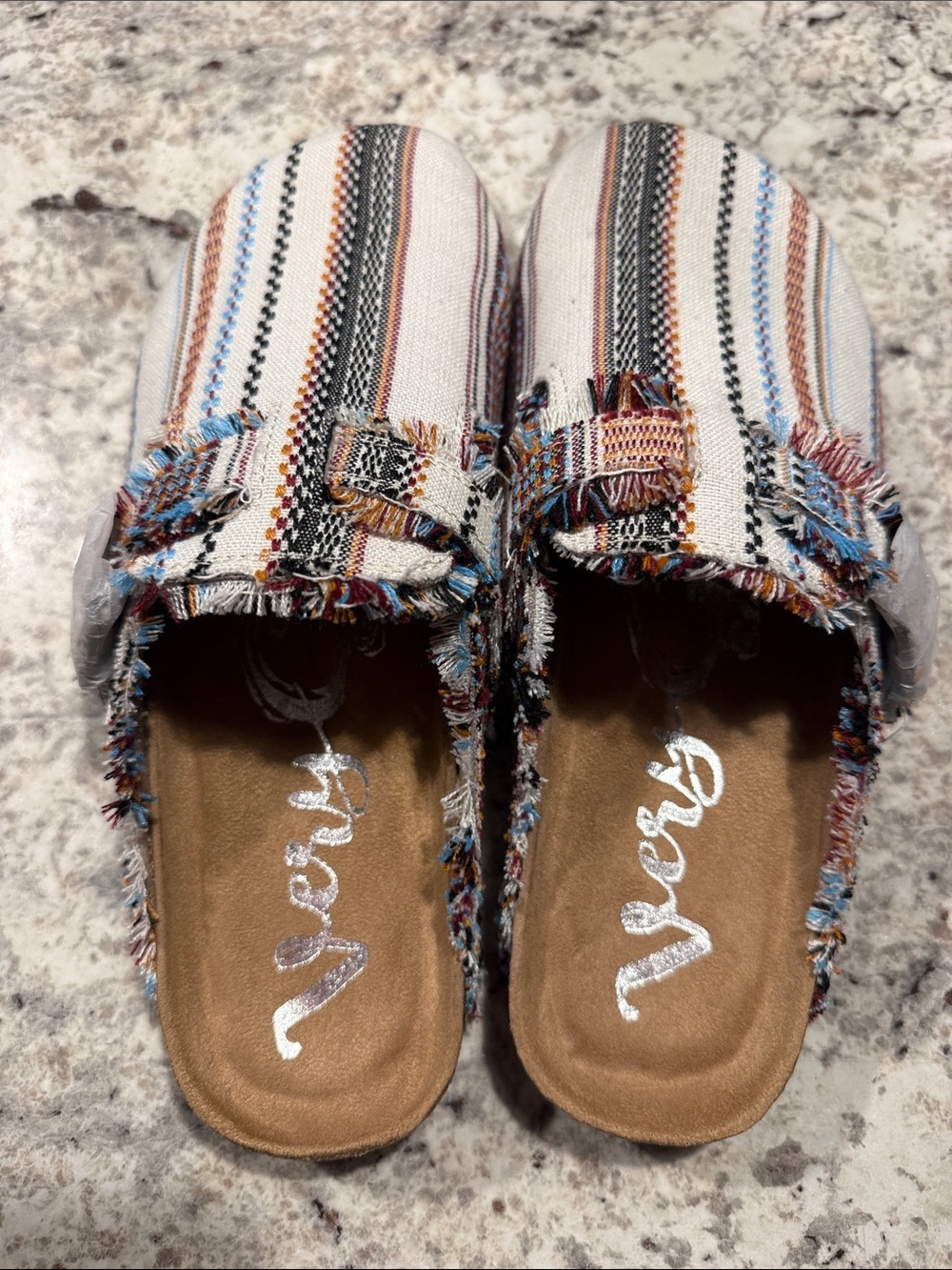 Very G Striped Fringe Slide Mules in White, Blue & Brown